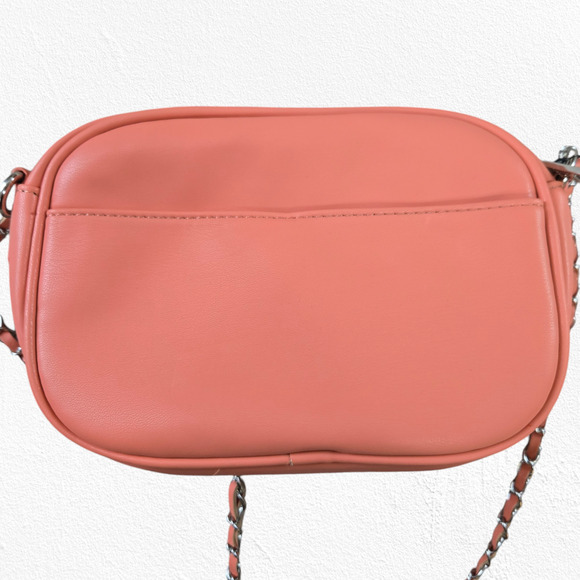 Badgley Mischka Coral Pink Quilted Diamond Pearl Crossbody Camera Bag Purse - Picture 7 of 10